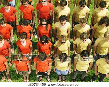 Group standing on grass half wearing orange half yellow View Large Photo Image Stock Photo - Group standing on grass half wearing orange half yellow. Fotosearch