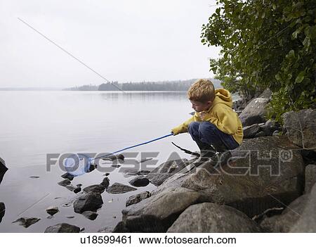 Young boy crouched on rocks fishing in a lake with a net. View Large Photo Image Stock Image - Young boy crouched on rocks fishing in a lake with a net.. Fotosearch