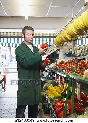 Grocer checking quality of produce View Large Photo Image Stock Photo - Grocer checking quality of produce. Fotosearch