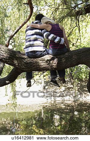 Stock Image - Couple sitting in a tree by a lake.. Fotosearch
