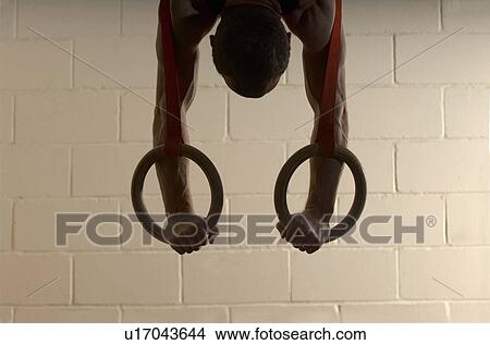 Male gymnast balancing upside down on rings, rear view, close-up View Large Photo Image Picture - Male gymnast balancing upside down on rings, rear view, close-up. Fotosearch