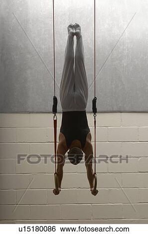 Stock Photograph - Male gymnast balancing upside down on rings, rear view. Fotosearch