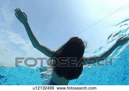 Woman floating in swimming pool, underwater view View Large Photo Image Stock Photo - Woman floating in swimming pool, underwater view. Fotosearch
