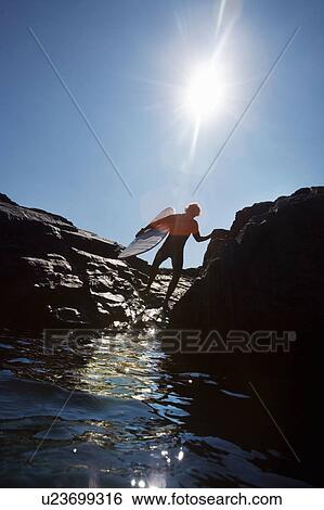 Stock Photograph - Man walking through large rocks with surfboard.. Fotosearch