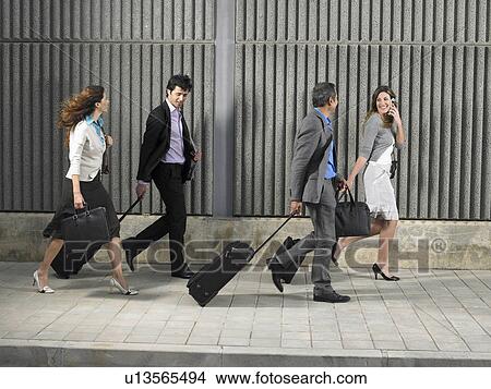 Two businesswomen and two businessman walking along pavement with wheeled suitcases and bags, Alicante, Spain, View Large Photo Image Picture - Two businesswomen and two businessman walking along pavement with wheeled suitcases and bags, Alicante, Spain,. Fotosearch