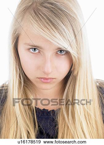 Stock Photo - Girl looking at camera, seriously. Fotosearch
