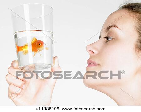 Stock Photography - Woman looking at a goldfish. Fotosearch