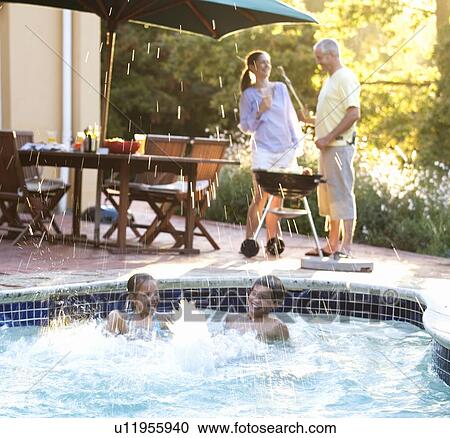 Children swimming in the pool at a family barbeque View Large Photo Image Stock Image - Children swimming in the pool at a family barbeque. Fotosearch