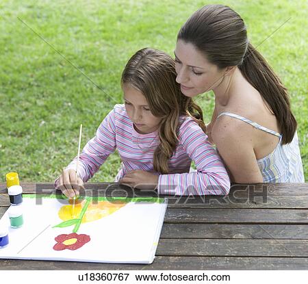 Mother and young daughter sitting in a garden painting View Large Photo Image Stock Photo - Mother and young daughter sitting in a garden painting. Fotosearch