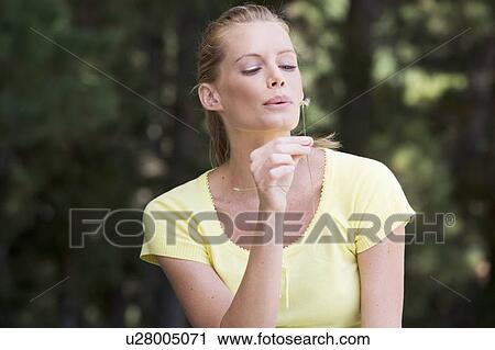 Stock Image - A young woman blowing on a dandelion seedhead. Fotosearch