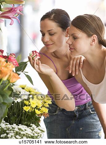Two young women looking at a flower stall View Large Photo Image Stock Image - Two young women looking at a flower stall. Fotosearch