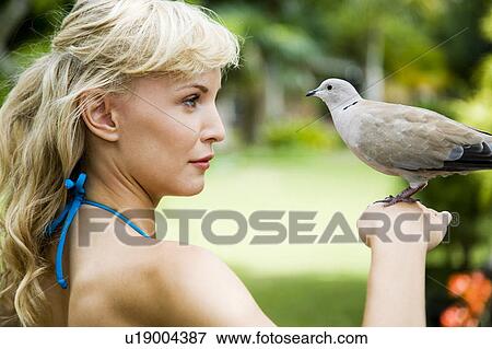 Portrait of a woman in a tropical setting with a dove on her hand. View Large Photo Image Stock Photo - Portrait of a woman in a tropical setting with a dove on her hand.. Fotosearch