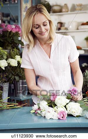 Woman florist creating a bouquet of pink and white roses View Large Photo Image Stock Image - Woman florist creating a bouquet of pink and white roses. Fotosearch