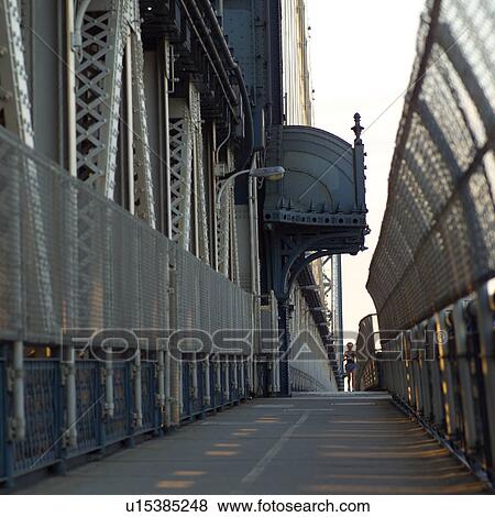 Stock Photo - Pedestrian walkway on Manhattan Bridge, New York City. Fotosearch