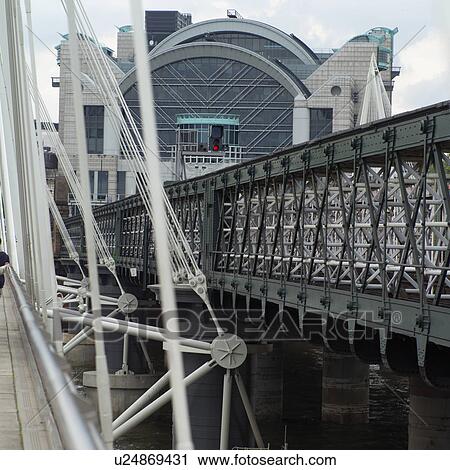 Stock Image - Walk bridge along side a railway bridge in London, England. Fotosearch