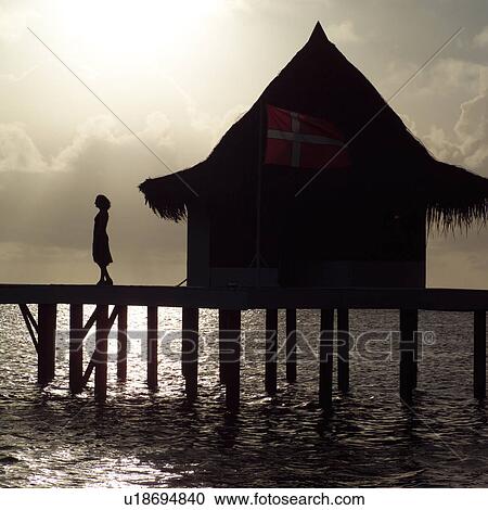 Stock Image - Silhouette of Woman standing outside Hut at Moorea in Tahiti. Fotosearch