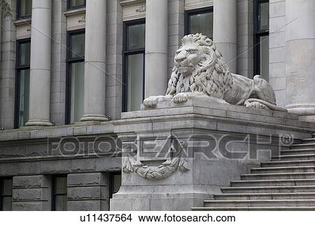Picture - Lion statue at staircase in Vancouver. Fotosearch