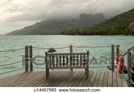 Stock Image - View of the ocean from a deck, Moorea, Tahiti, French Polynesia, South Pacific. Fotosearch
