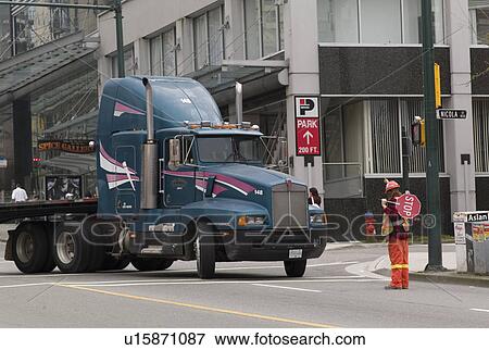 Stock Photo - Semi truck in downtown Vancouver. Fotosearch