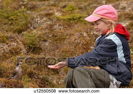 Stock Photo - Girl holding out hand to a bird. Fotosearch