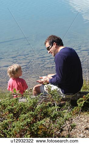 Young man sitting by a lake with his daughter View Large Photo Image Stock Image - Young man sitting by a lake with his daughter. Fotosearch