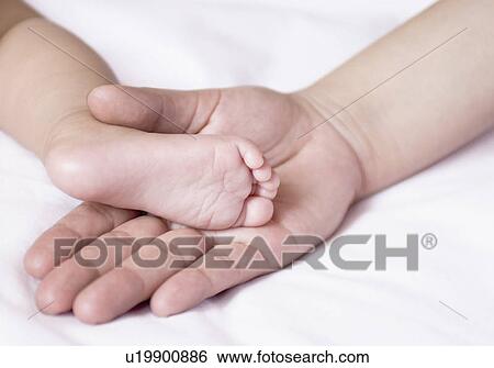 Stock Photograph - Close-up of a person's hand holding a baby's leg. Fotosearch