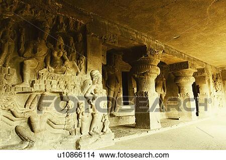 Picture - Statues in a cave, Ellora, Aurangabad, Maharashtra, India. Fotosearch