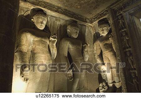 Statues of Buddha in a cave, Ajanta, Maharashtra, India View Large Photo Image Stock Photography - Statues of Buddha in a cave, Ajanta, Maharashtra, India. Fotosearch