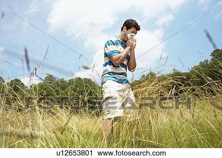 Stock Image - Man sneezing in field (low angle view). Fotosearch