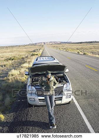 Woman with broken car on rural road, high angle view View Large Photo Image Stock Photography - Woman with broken car on rural road, high angle view. Fotosearch