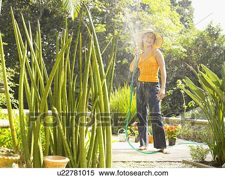 Young woman watering plants (low angle view) View Large Photo Image Stock Photography - Young woman watering plants (low angle view). Fotosearch