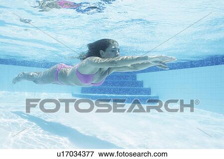 Mid adult woman diving in swimming pool (underwater view) View Large Photo Image Stock Photo - Mid adult woman diving in swimming pool (underwater view). Fotosearch