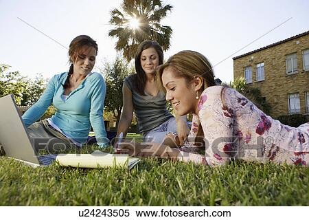 Stock Photography - Three female students studying in park. Fotosearch