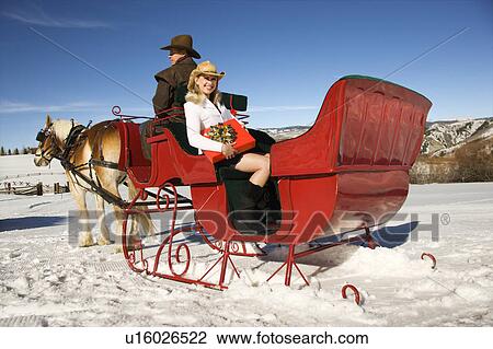 Holding present in horse-drawn sleigh View Large Photo Image Stock Image - Holding present in horse-drawn sleigh. Fotosearch