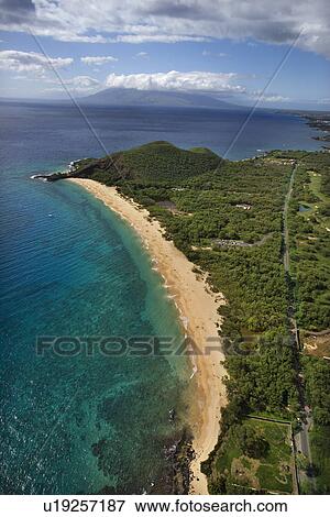 Stock Photo - Aerial of coastline with sandy beach and Pacific ocean in Maui, Hawaii. Fotosearch