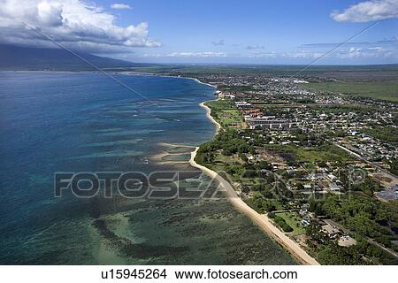 Picture - Aerial of Maui, Hawaii coastline with beach and buildings.. Fotosearch