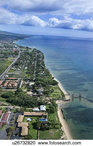 Aerial of Maui, Hawaii coastline with beach and buildings. View Large Photo Image Stock Image - Aerial of Maui, Hawaii coastline with beach and buildings.. Fotosearch