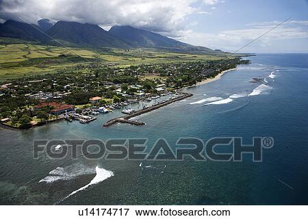 Stock Photo - Aerial view of buildings and marina on coastline of Maui, Hawaii. Fotosearch