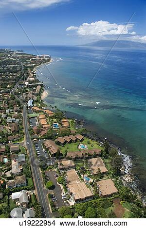 Aerial view of buildings on coastline of Maui, Hawaii. View Large Photo Image Picture - Aerial view of buildings on coastline of Maui, Hawaii.. Fotosearch