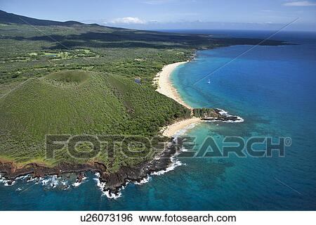 Aerial view of crater on Maui, Hawaii coast with beach. View Large Photo Image Stock Photograph - Aerial view of crater on Maui, Hawaii coast with beach.. Fotosearch