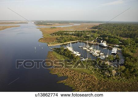 Picture - Marina in wetlands of Bald Head Island, North Carolina. Fotosearch
