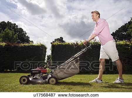 Man with push lawnmower View Large Photo Image Stock Photo - Man with push lawnmower. Fotosearch
