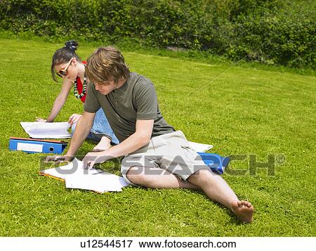 Two young people studying on lawn View Large Photo Image Stock Photo - Two young people studying on lawn. Fotosearch
