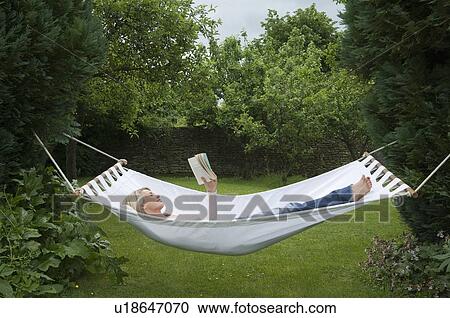 Woman relaxing in hammock in garden View Large Photo Image Stock Image - Woman relaxing in hammock in garden. Fotosearch
