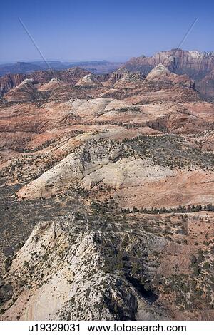 Aerial of desert landscape in Zion National Park in Utah, USA. View Large Photo Image Stock Image - Aerial of desert landscape in Zion National Park in Utah, USA.. Fotosearch