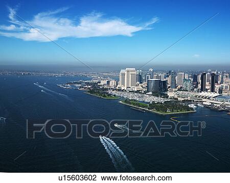 Stock Image - Aerial view of buildings on coast in San Diego, California. Fotosearch