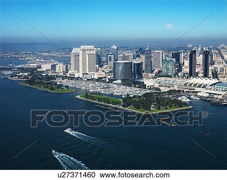 Stock Image - Aerial view of buildings on coast in San Diego, California.. Fotosearch
