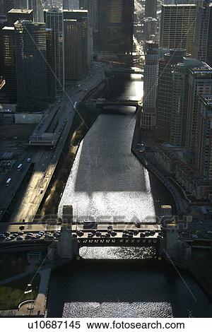 Aerial view of river with bridges in Chicago, Illinois. View Large Photo Image Stock Photography - Aerial view of river with bridges in Chicago, Illinois.. Fotosearch