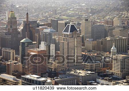 Stock Photo - Aerial view of skyscrapers in Baltimore, Maryland.. Fotosearch