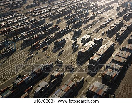 Aerial view of cargo containers in Los Angeles, California. View Large Photo Image Stock Photo - Aerial view of cargo containers in Los Angeles, California.. Fotosearch